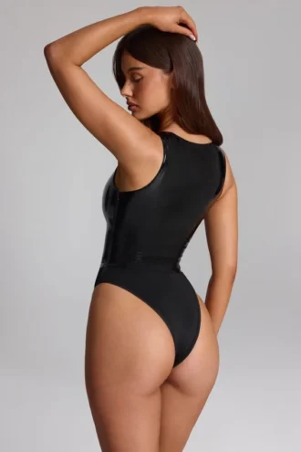 Siana Glossy Vinyl Plunge-Neck Bodysuit in Black