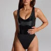 Siana Glossy Vinyl Plunge-Neck Bodysuit in Black