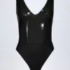 Siana Glossy Vinyl Plunge-Neck Bodysuit in Black