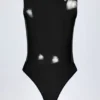 Siana Glossy Vinyl Plunge-Neck Bodysuit in Black