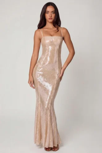 Sima Embellished Square Neck Lace Gown in Pale Peach