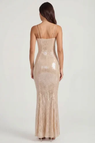 Sima Embellished Square Neck Lace Gown in Pale Peach