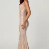 Sima Embellished Square Neck Lace Gown in Pale Peach