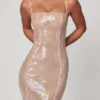 Sima Embellished Square Neck Lace Gown in Pale Peach