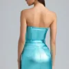 Simone Metallic Denim Belted Strapless Mini Dress in Aqua