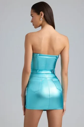 Simone Metallic Denim Belted Strapless Mini Dress in Aqua