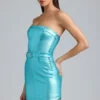 Simone Metallic Denim Belted Strapless Mini Dress in Aqua