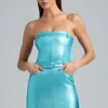 Simone Metallic Denim Belted Strapless Mini Dress in Aqua