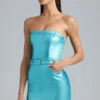 Simone Metallic Denim Belted Strapless Mini Dress in Aqua