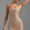 Sindre Embellished Square-Neck Mini Dress in Almond