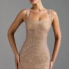 Sindre Embellished Square-Neck Mini Dress in Almond