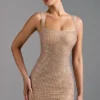 Sindre Embellished Square-Neck Mini Dress in Almond