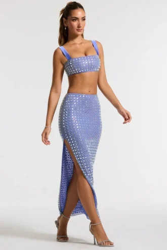 Siona Embellished Mid Rise Gown Skirt in Blue
