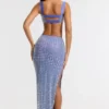 Siona Embellished Mid Rise Gown Skirt in Blue