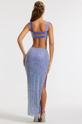 Siona Embellished Mid Rise Gown Skirt in Blue