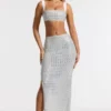 Siona Embellished Mid Rise Gown Skirt in Silver