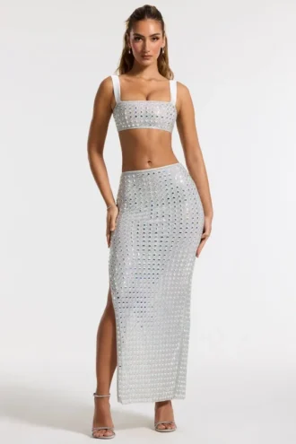 Siona Embellished Mid Rise Gown Skirt in Silver