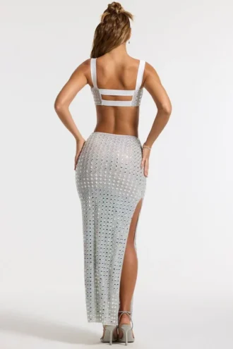 Siona Embellished Mid Rise Gown Skirt in Silver