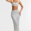 Siona Embellished Mid Rise Gown Skirt in Silver