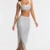Siona Embellished Mid Rise Gown Skirt in Silver