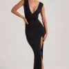 Sloane High Split Plunge Neck Maxi Dress in Black
