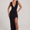Sloane High Split Plunge Neck Maxi Dress in Black