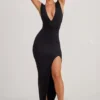 Sloane High Split Plunge Neck Maxi Dress in Black
