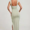 Sloane High Split Plunge Neck Maxi Dress in Sage