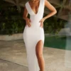 Sloane High Split Plunge Neck Maxi Dress in White