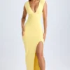 Sloane Modal Plunge-Neck Thigh-Split Maxi Dress in Lemon Sherbet