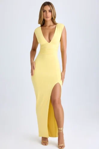 Sloane Modal Plunge-Neck Thigh-Split Maxi Dress in Lemon Sherbet