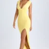 Sloane Modal Plunge-Neck Thigh-Split Maxi Dress in Lemon Sherbet