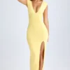 Sloane Modal Plunge-Neck Thigh-Split Maxi Dress in Lemon Sherbet