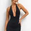 Sofija Slinky Jersey Plunge Neck Ruched Mini Dress in Black