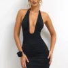 Sofija Slinky Jersey Plunge Neck Ruched Mini Dress in Black