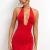 Sofija Slinky Jersey Plunge Neck Ruched Mini Dress in Scarlet Red