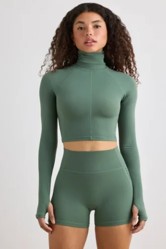 Soft Active Turtleneck Crop Top in Khaki