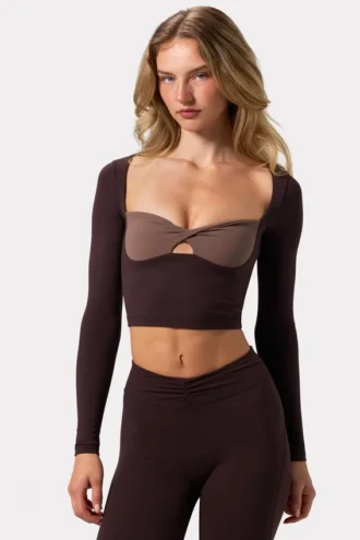 Soft Active Twist-Front Crop Top in Espresso