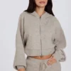 Soft Knit Zip-Up Cropped Hoodie in Beige