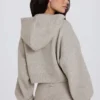 Soft Knit Zip-Up Cropped Hoodie in Beige