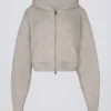 Soft Knit Zip-Up Cropped Hoodie in Beige