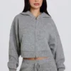 Soft Knit Zip-Up Cropped Hoodie in Grey