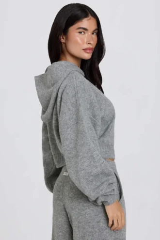 Soft Knit Zip-Up Cropped Hoodie in Grey