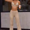 Soft Rib High Waist Fold Over Trousers in Beige Sand