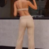 Soft Rib High Waist Fold Over Trousers in Beige Sand
