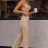 Soft Rib High Waist Fold Over Trousers in Beige Sand