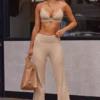 Soft Rib High Waist Fold Over Trousers in Beige Sand