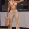 Soft Rib High Waist Fold Over Trousers in Beige Sand