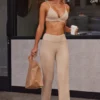 Soft Rib High Waist Fold Over Trousers in Beige Sand