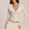 Solaya Lace Faux-Fur-Trim Cardigan in Ivory